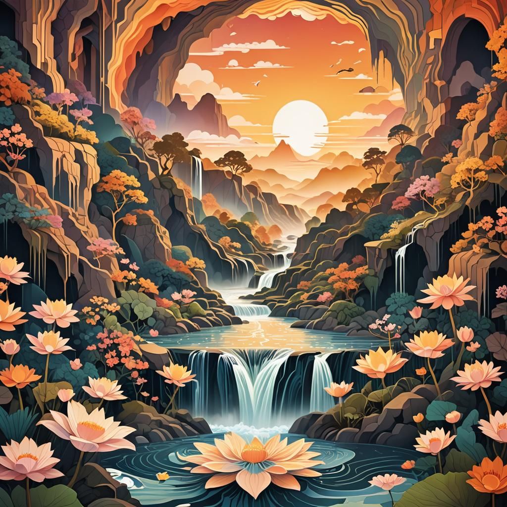 Waterfall Sunset with Fractal and Op Art Elements