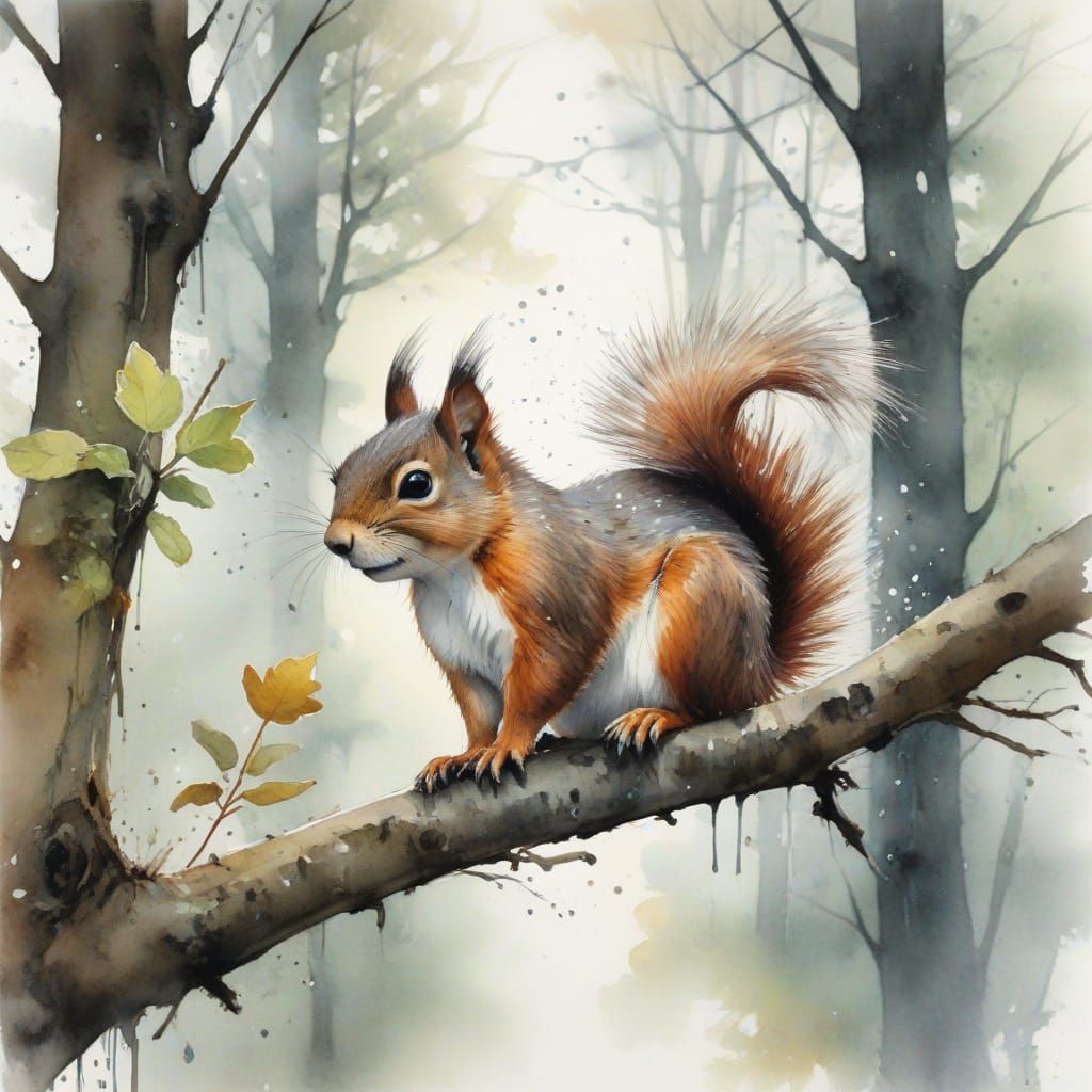 Squirrel in Rainy Woodland Scene with Watercolor Style