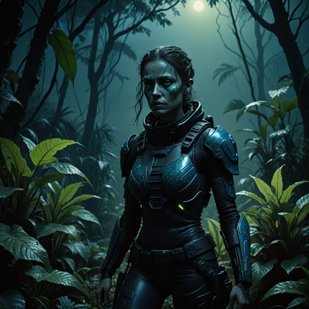 Mysterious Alien Bounty Hunter in a Neon-Lit Jungle