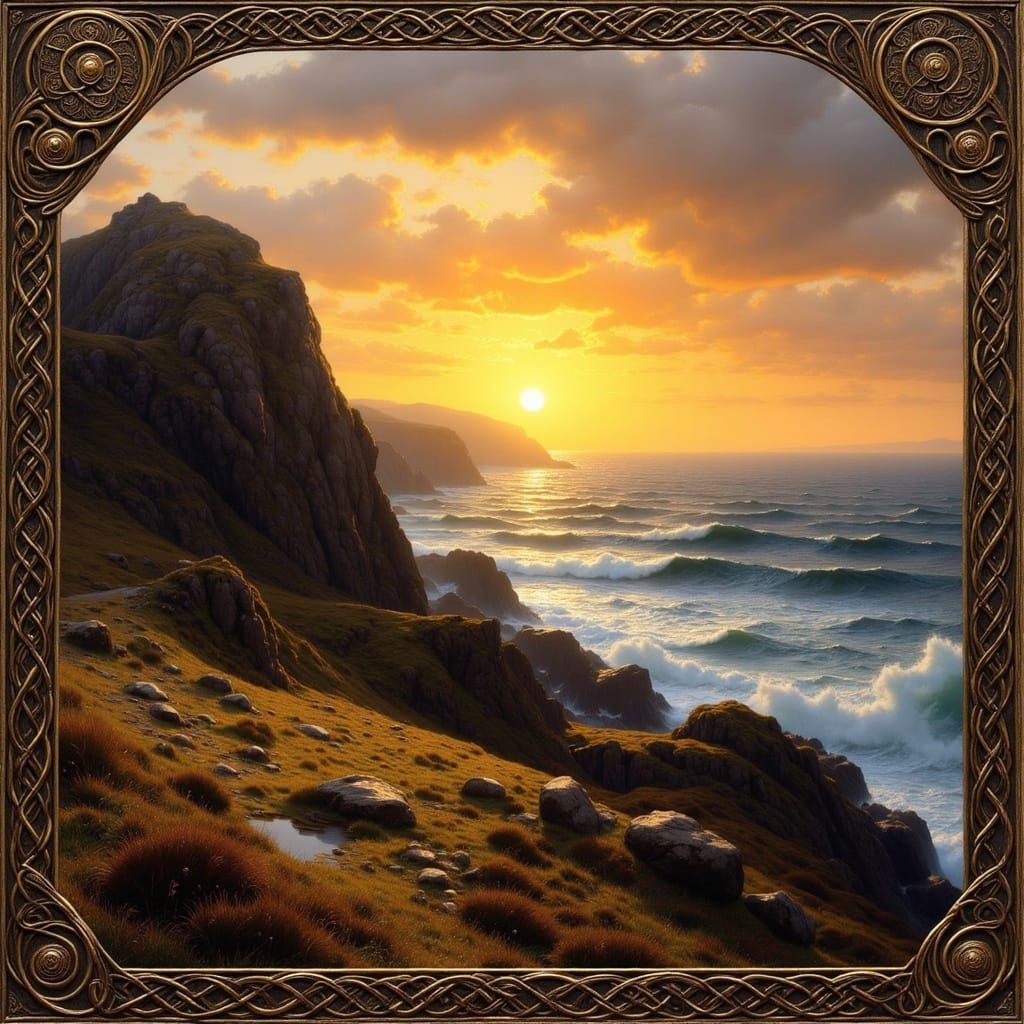 Folk Art Nouveau Highland Moor Sunset Over Stormy Sea