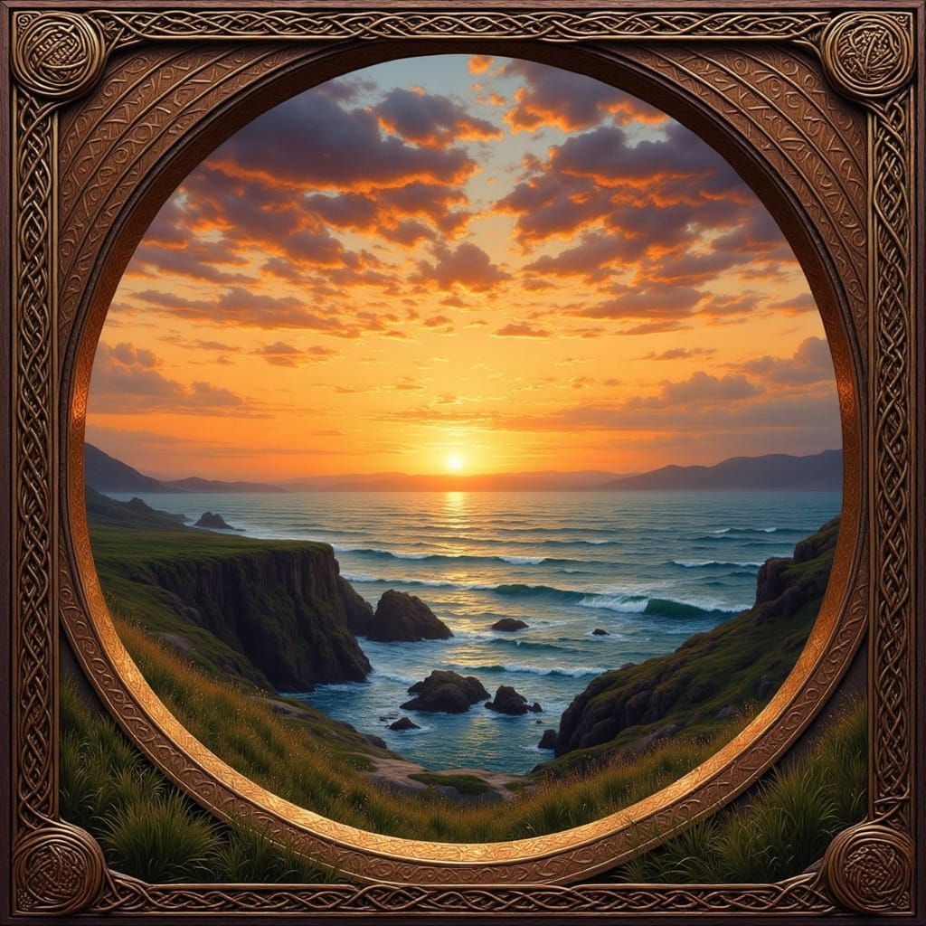 Folk Art Nouveau Highland Moor Sunset Over Turbulent Ocean