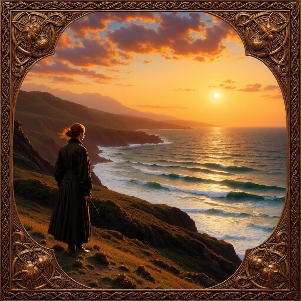 Folk Art Nouveau Highland Moor Sunset Over Turbulent Ocean