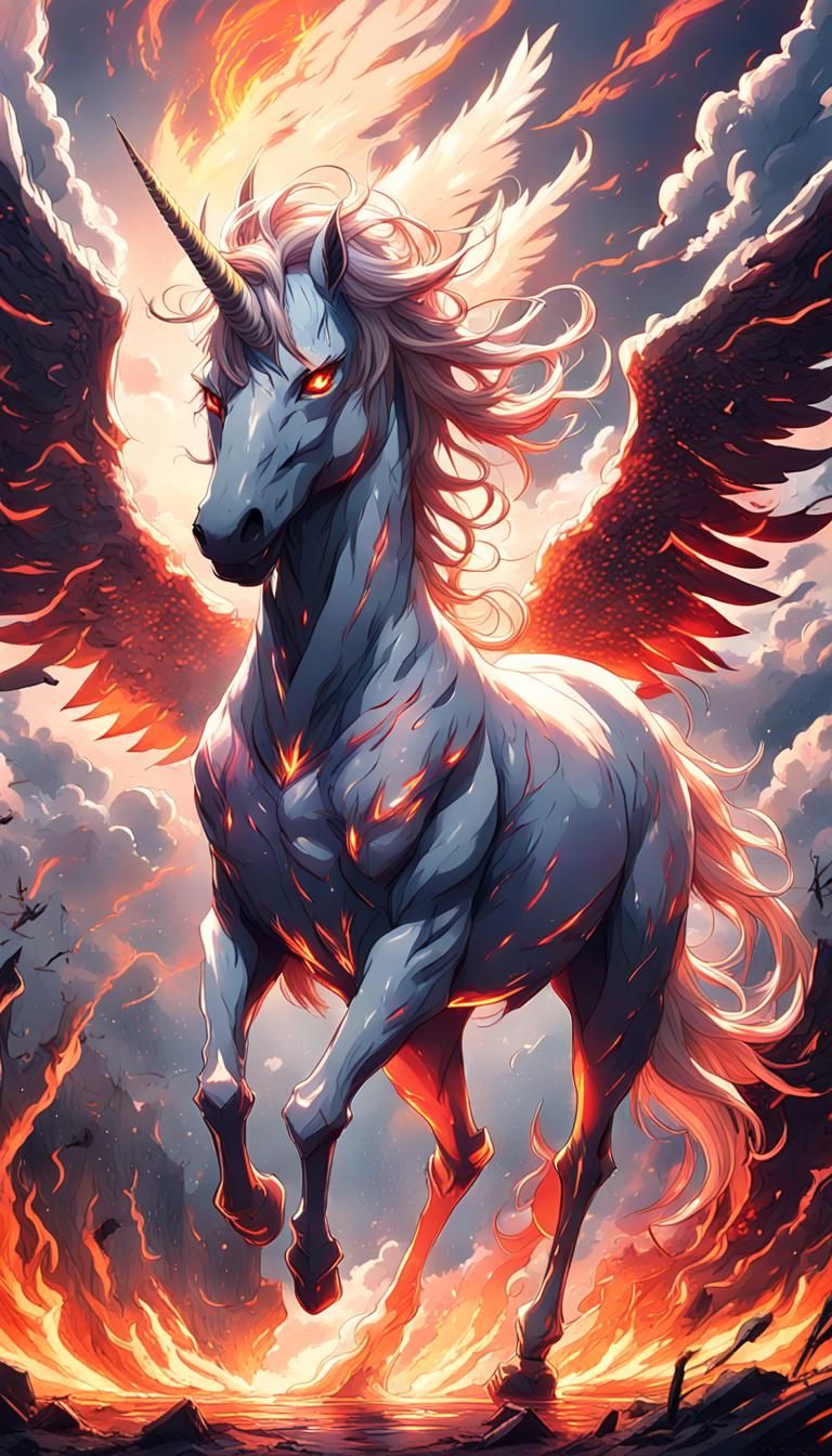 Demonic Unicorn with Fiery Wings in Anime Style