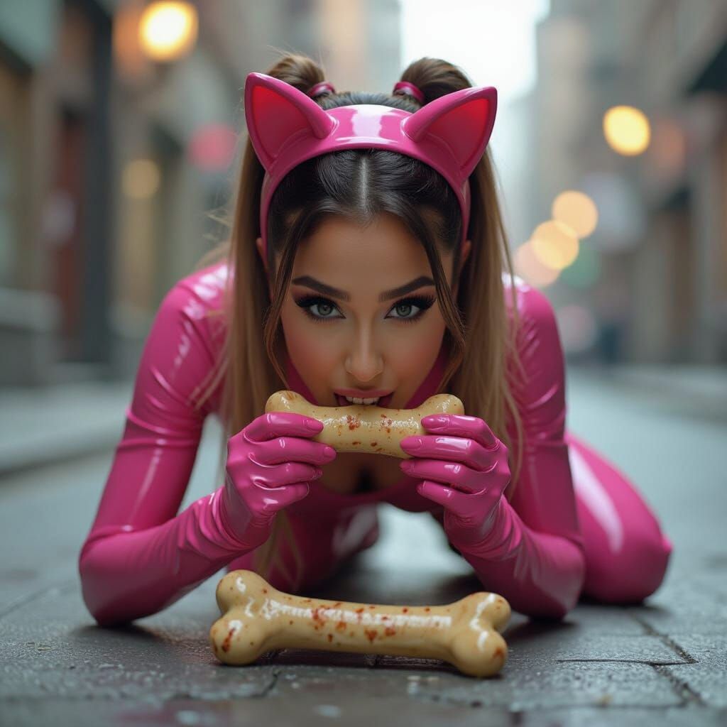 Ariana Grande in Pink Latex with Dog Ears, Playful Pose