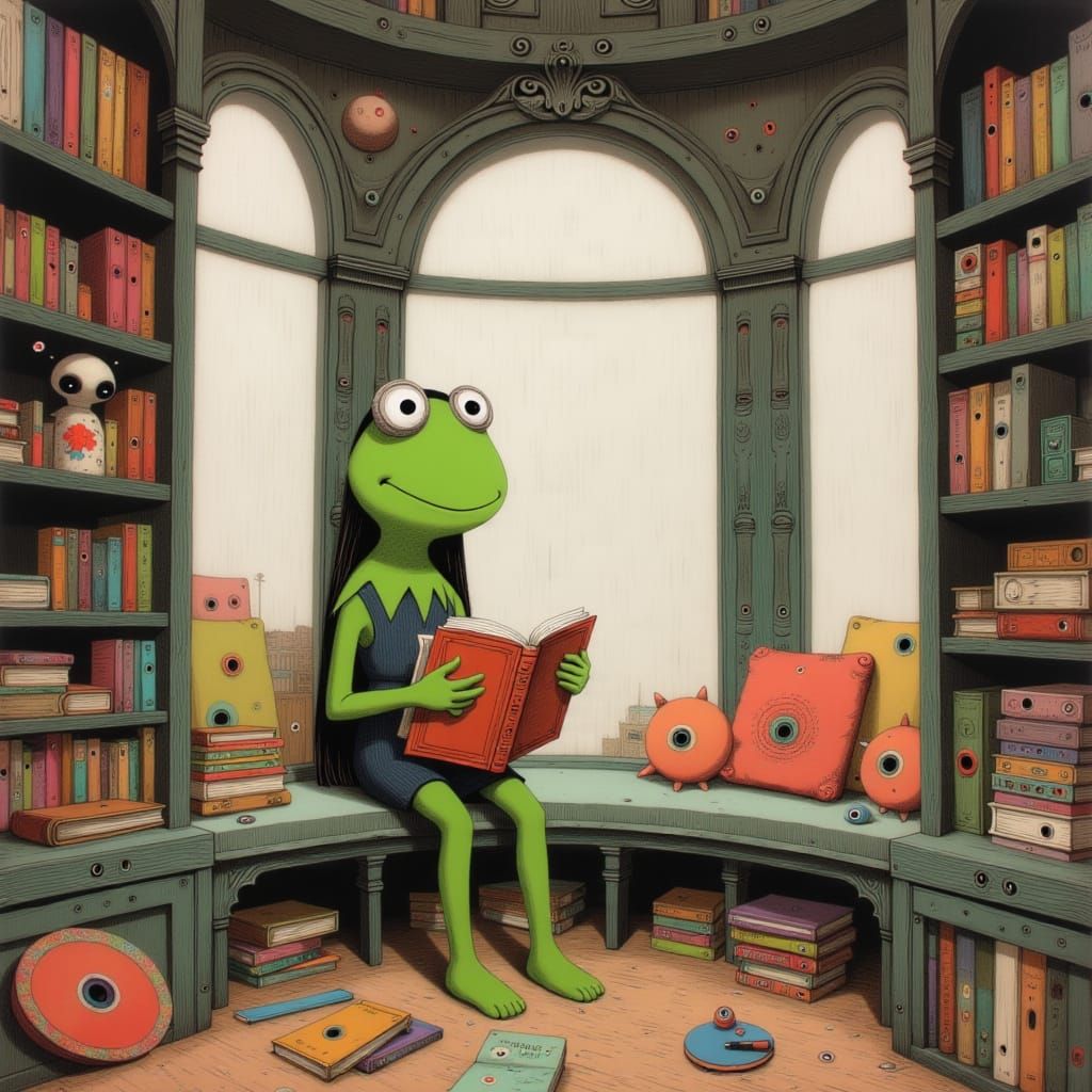 Kermit in Cozy Kidcore Library Watercolor