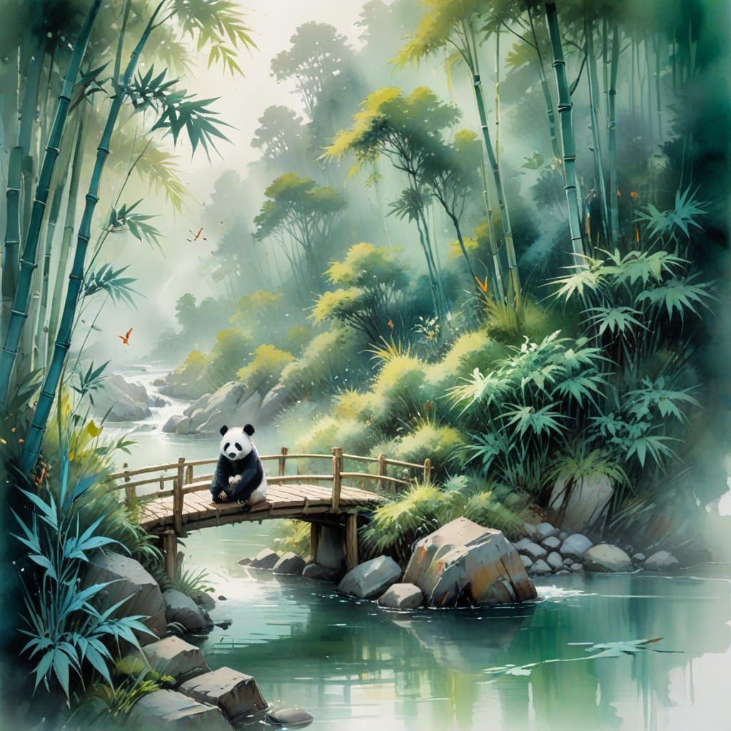Panda in Misty Bamboo Valley: Neo-Impressionist Watercolor