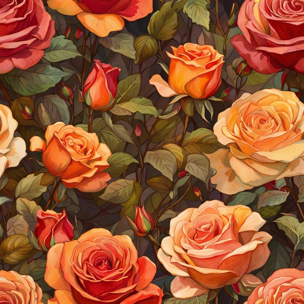 Roses in Pre-Raphaelite Style Watercolor