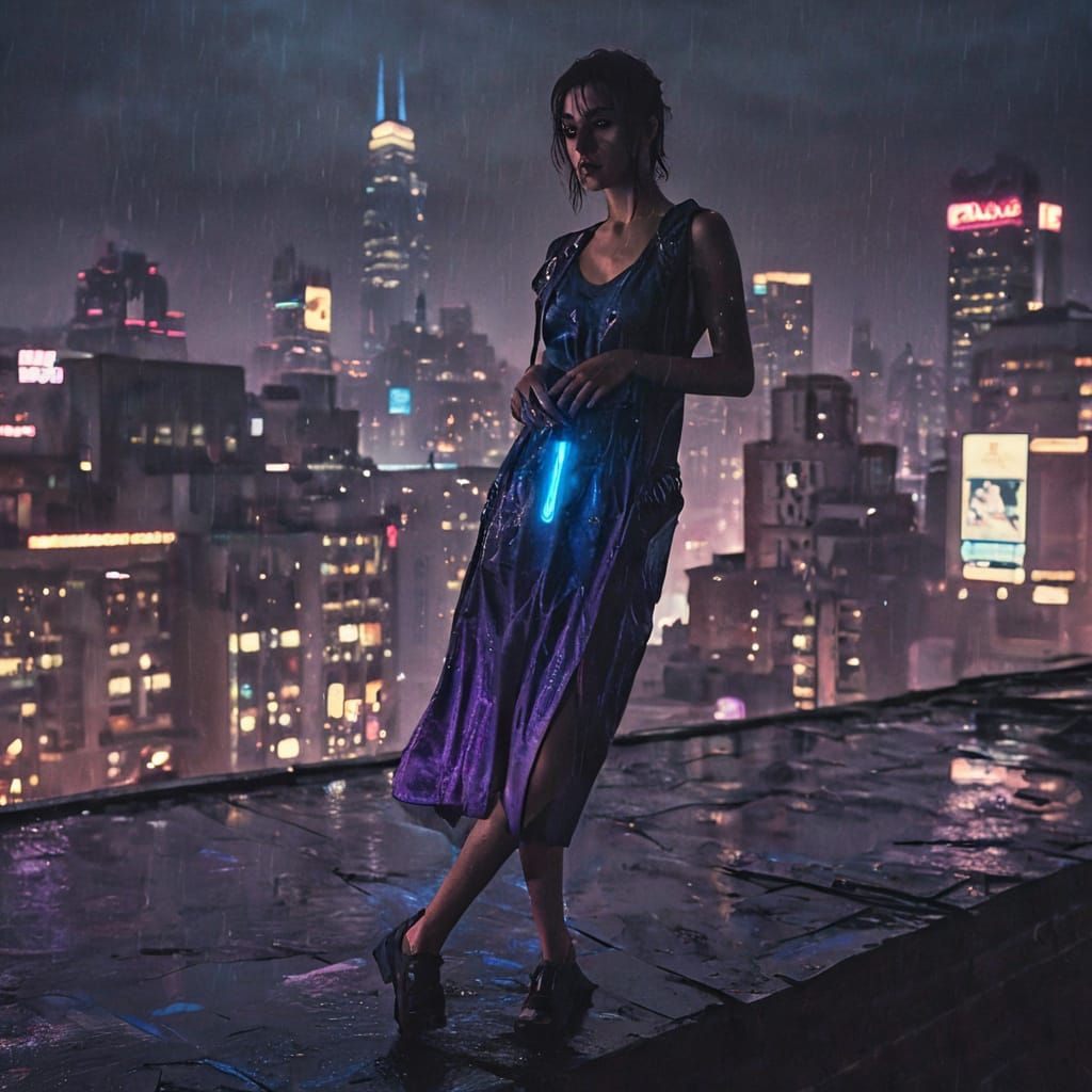 Cyberpunk Lady on Rooftop Overlooking Neon City