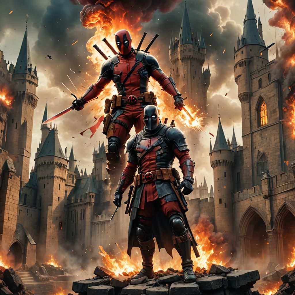 Medieval Deadpool in Fiery Triumph: Fantasy Art
