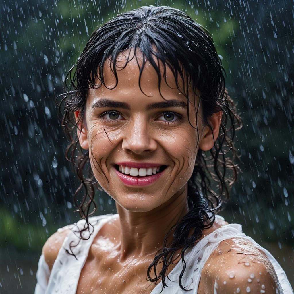 Wet Haired Woman in Rain, Professional Portrait