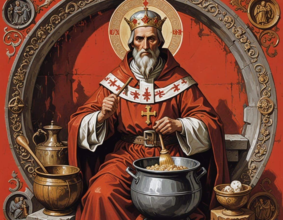 Monk Stirring Pot on Giant Die in Polish Colors