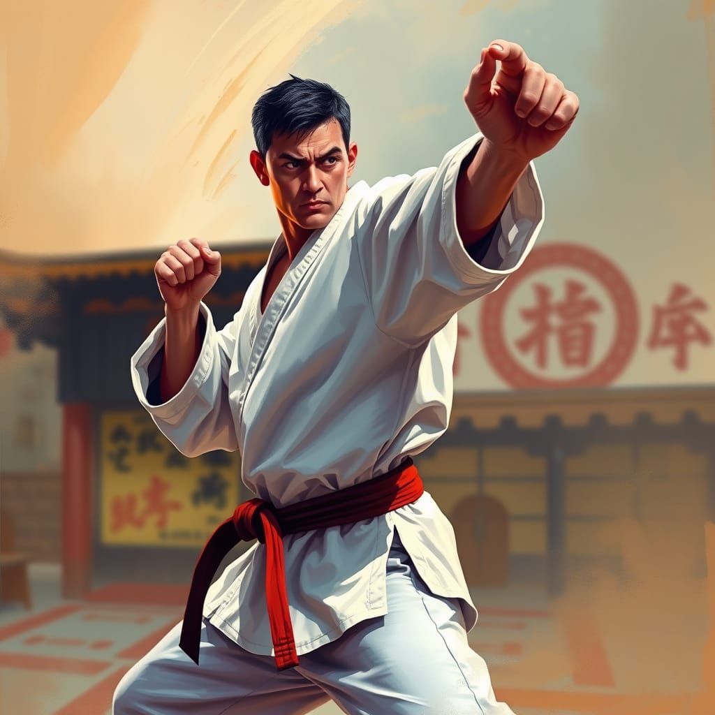 Karate Master in Dynamic, Vibrant Style