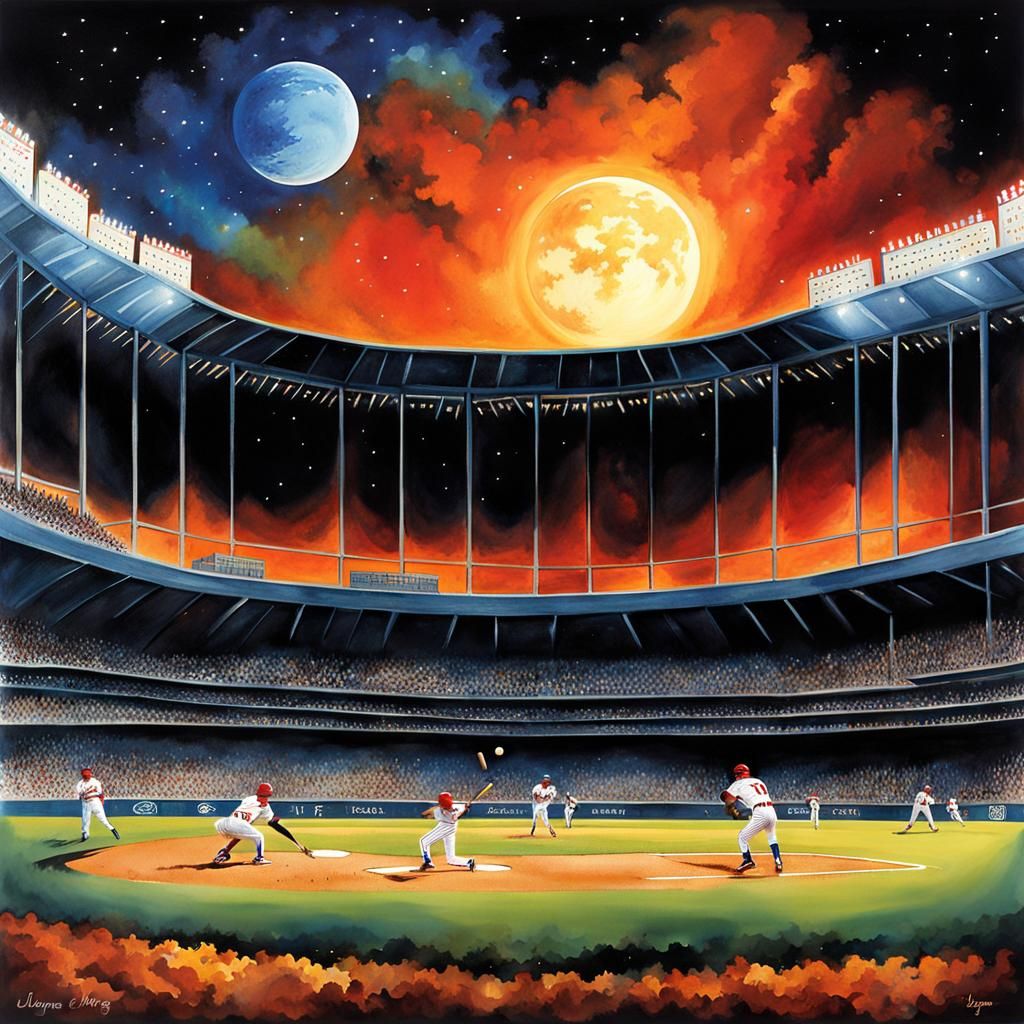 Surreal Baseball Game Under Cosmic Night Sky