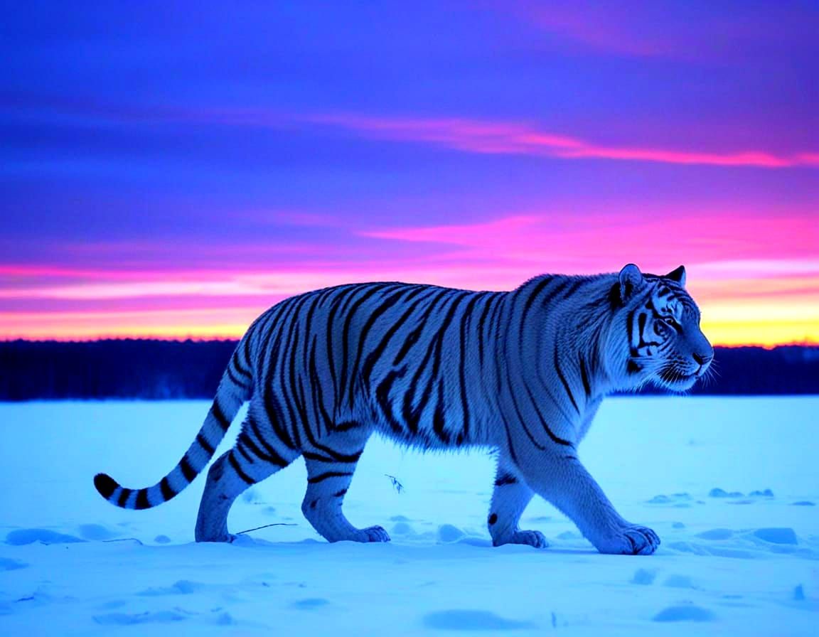 Sabertoothed Tiger in Snowy Woods at Sunset