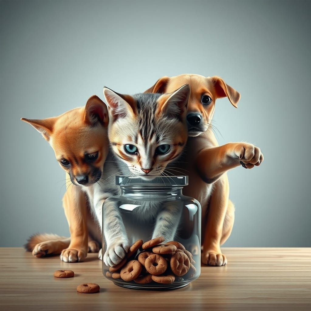 Double Exposure Masterpiece of Guilty Cat and Innocent Dogs