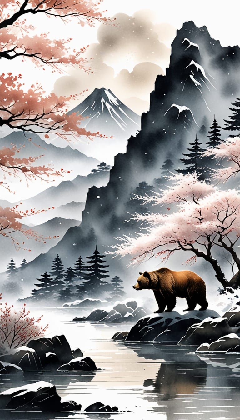 Japanese Bear in Samurai Armor Under Blossom Tree in Snowy L...