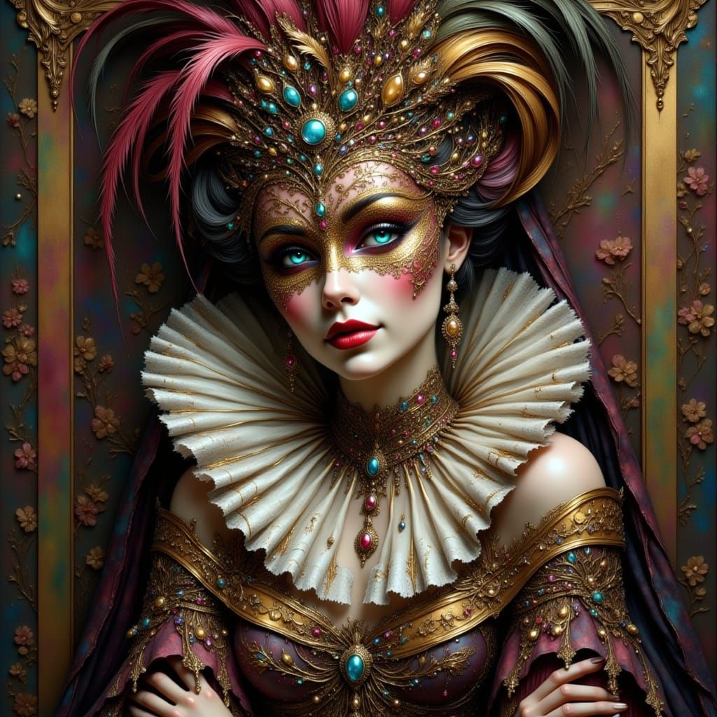 An Elizabethan era woman in masquerade attire and mask, feat...