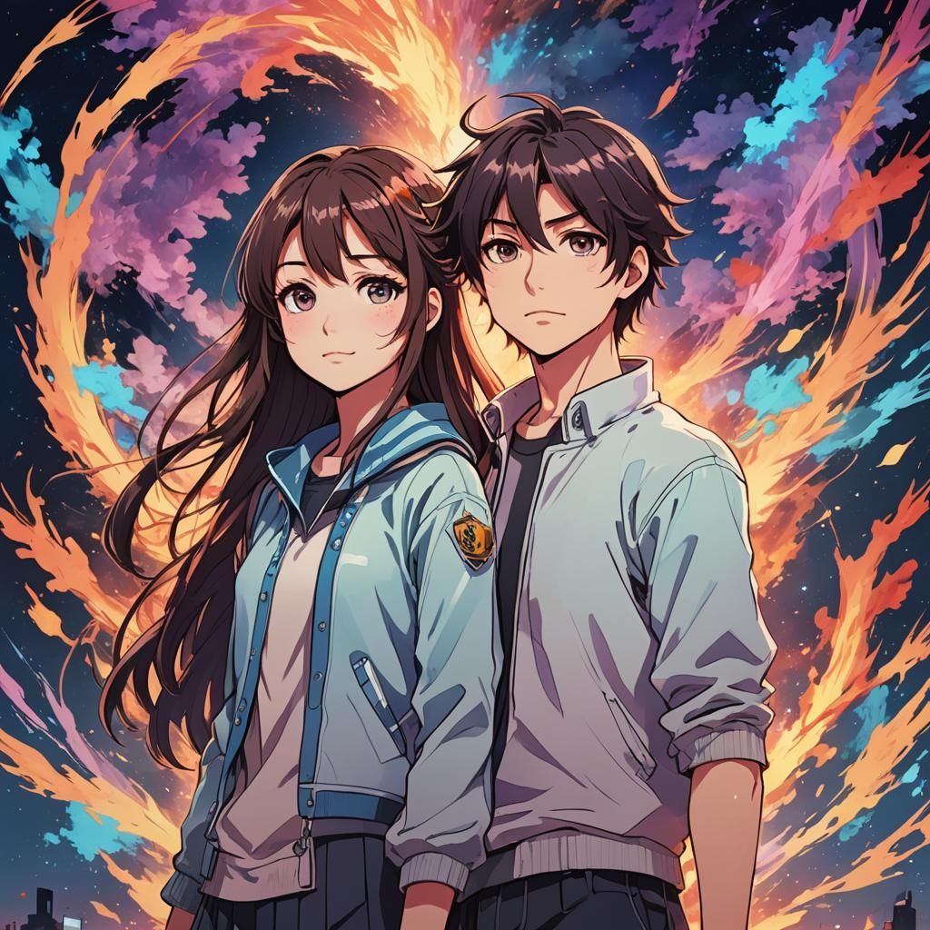 Vibrant Manga-Style Art of Cute Girl and Boy