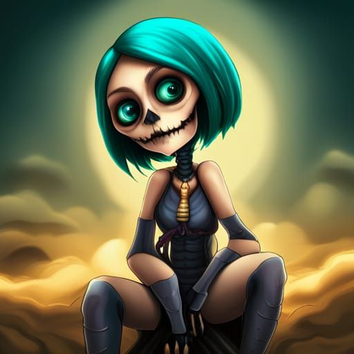 Teal-Haired Skeleton Girl in Steampunk Style