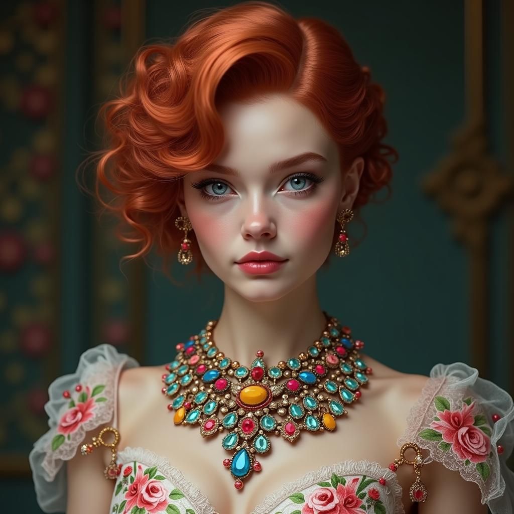 Ethereal Woman in Opulent Gown: Digital Portrait