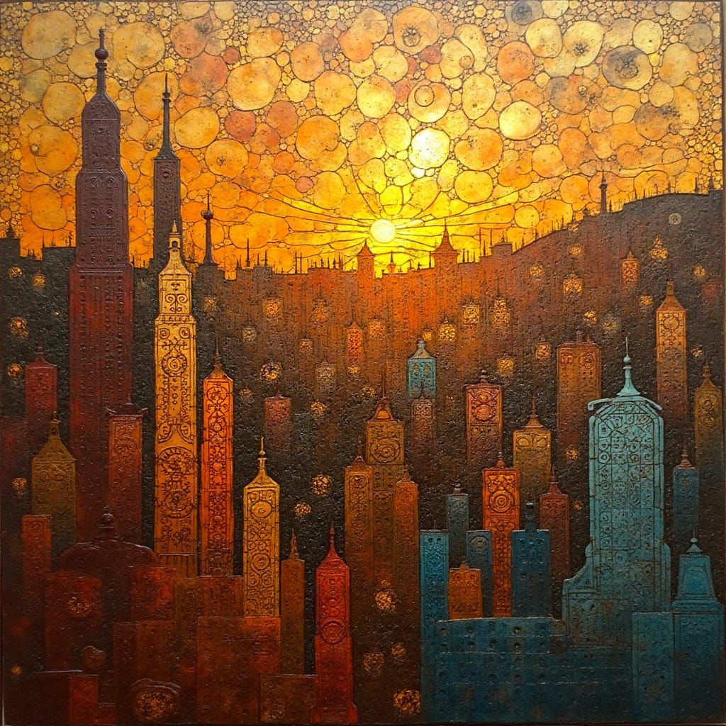 Golden Mosaic Cityscape at Sunset in Impasto Style