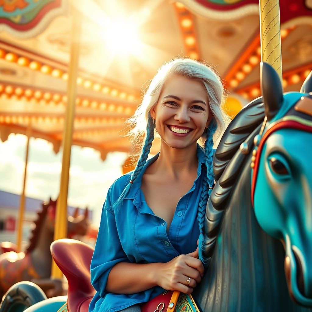 Woman on Ornate Carousel Horse with Blue Braids