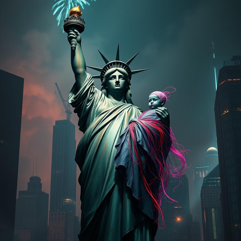 Statue of Liberty with Concrete Baby in Cyberpunk Metropolis