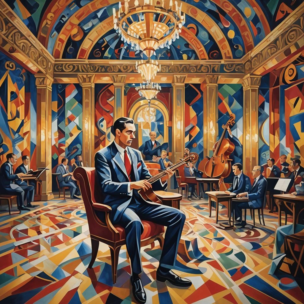 Geometric Musician in Art Deco Concert Hall