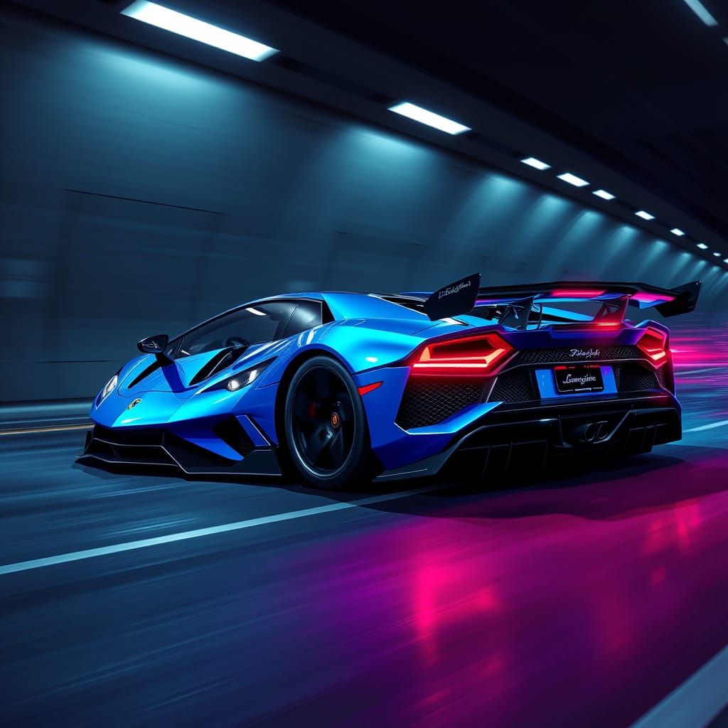 Neon Blue Lamborghini Speeds Through Futuristic Tunnel