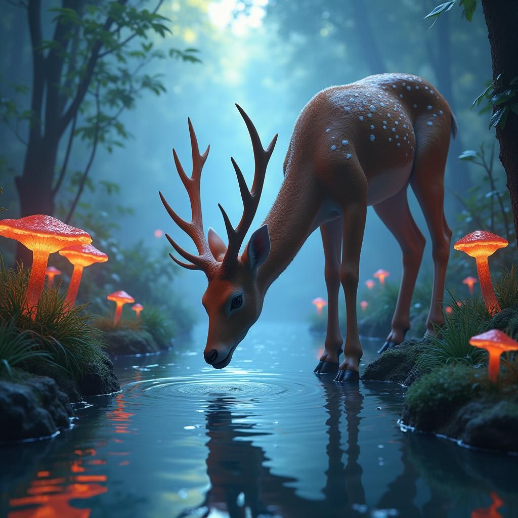 Ethereal Fawn Sipping Water in Lush Environment