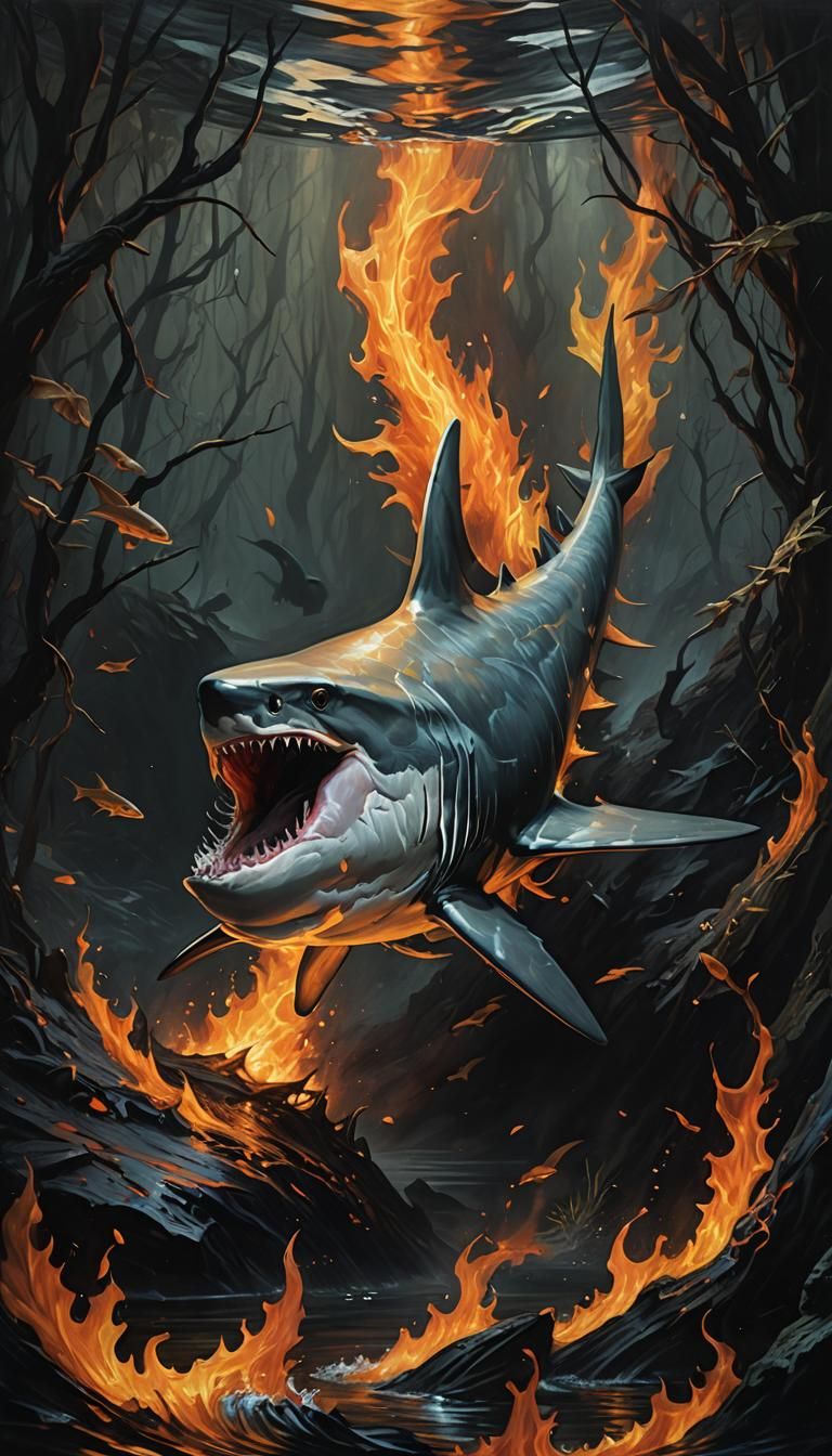 Shark and Phoenix in Dark Fantasy Oil Painting