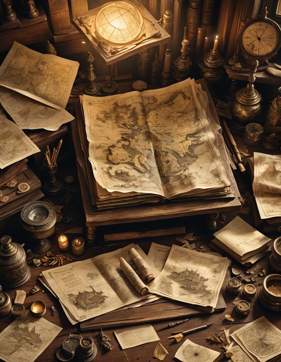 Fantasy Maps on Wooden Desk: Digital Matte Painting