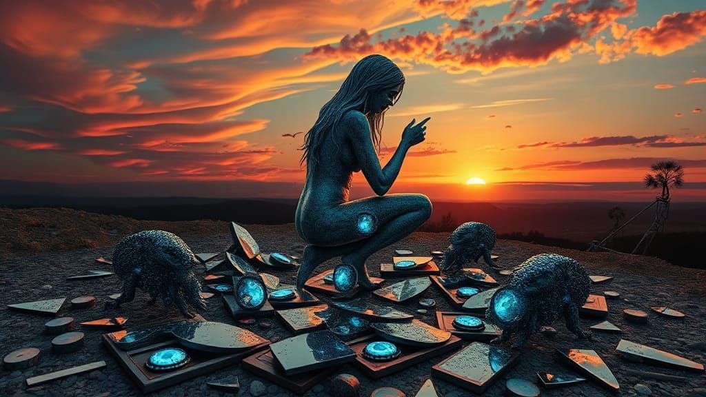Surreal Sculpture: Woman with Cracked Mirrors at Sunset