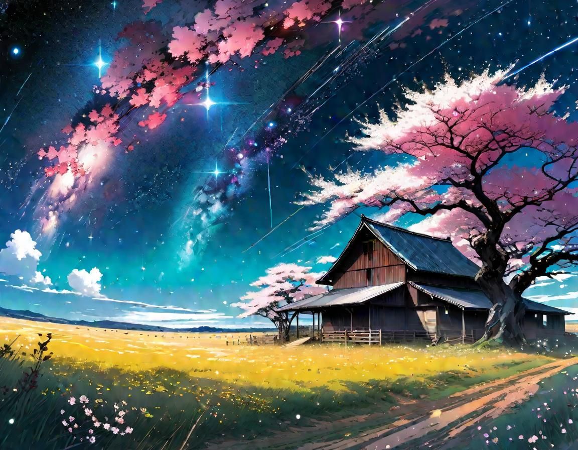 Enchanted Prairie Farm Under Midnight Sky