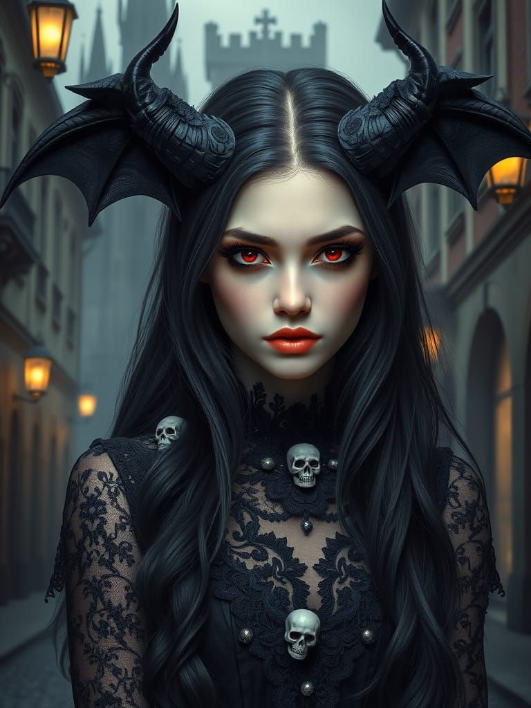 Gothic Portrait of a Woman with Red Eyes and Bat Horns