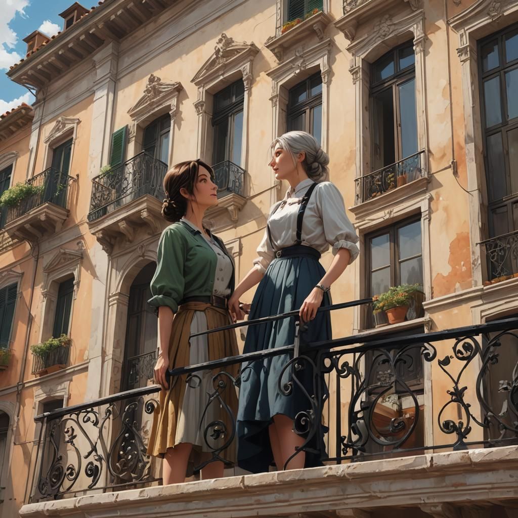 Italian Women Balcony Conversation in Anime Style