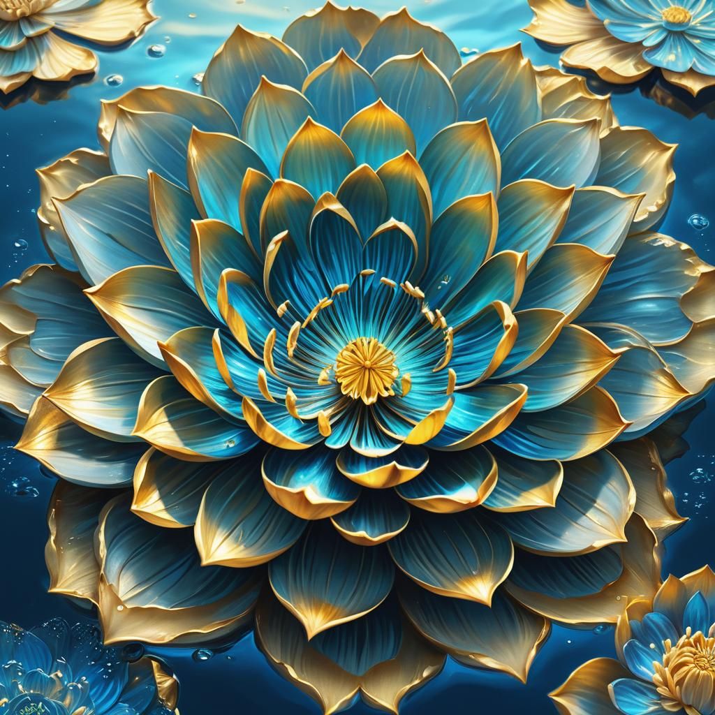 Golden Lotus Flower in Iridescent Blue Water