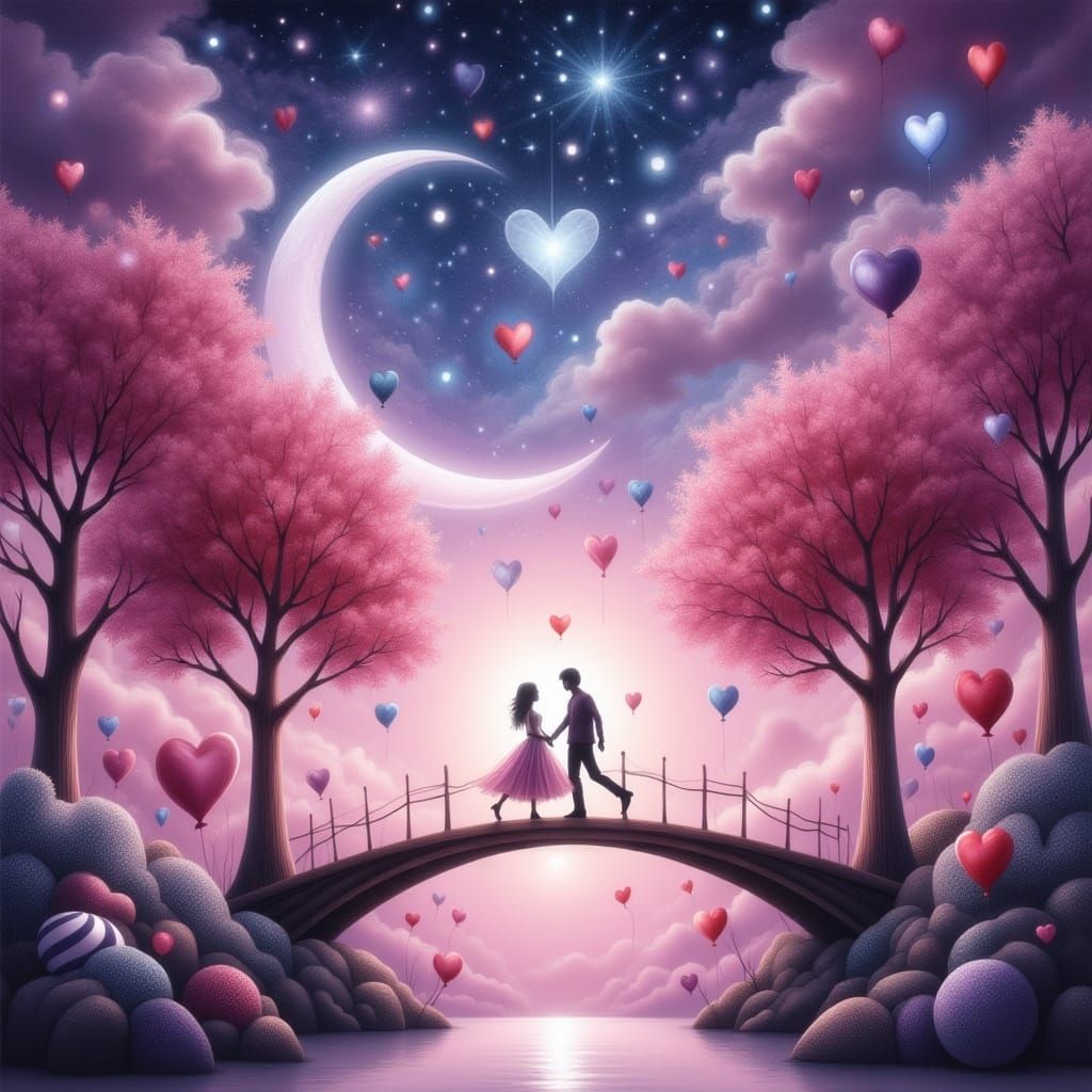 Stardust Couple Dancing Under Heart Moon in Dreamy Scene