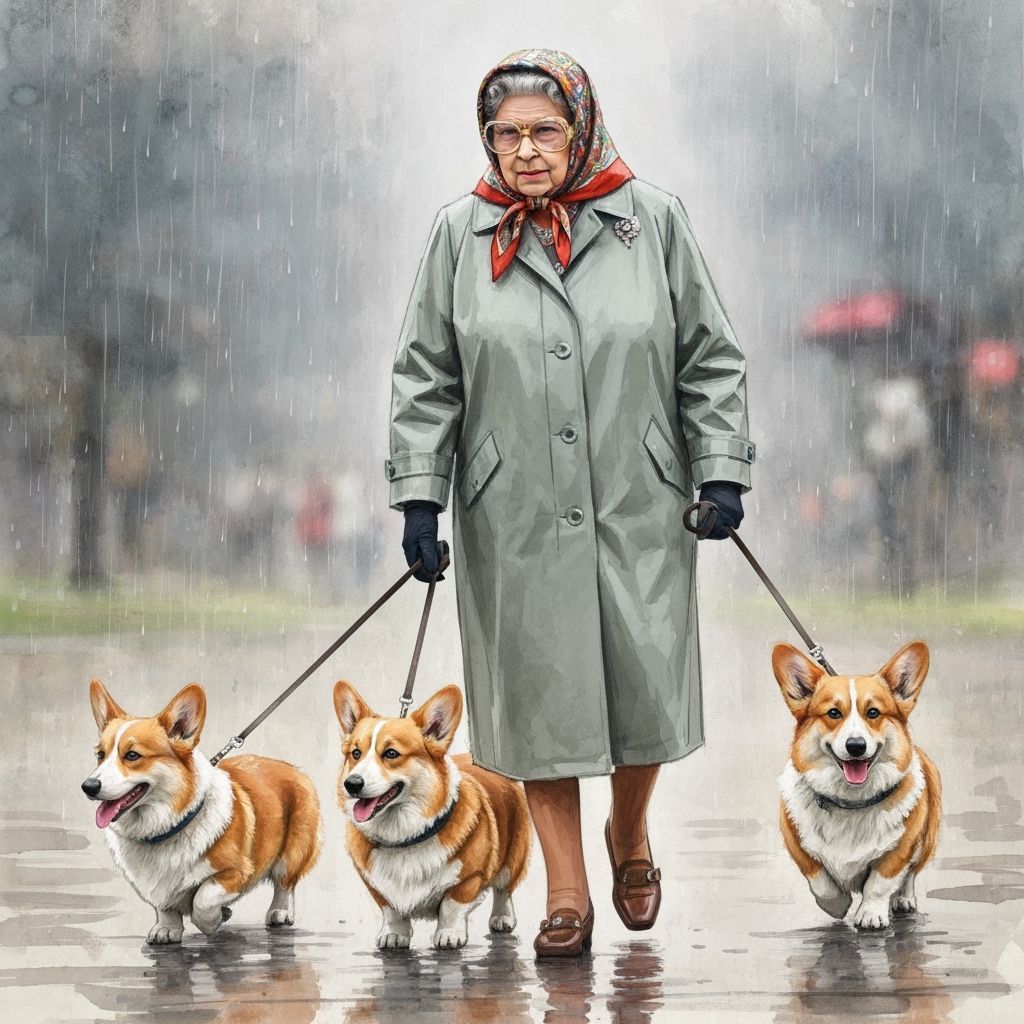 Queen Elizabeth II Walking Corgis in Misty Watercolor Style