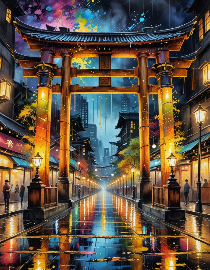 Steampunk Torii Gate Illustration in Vivid Colors