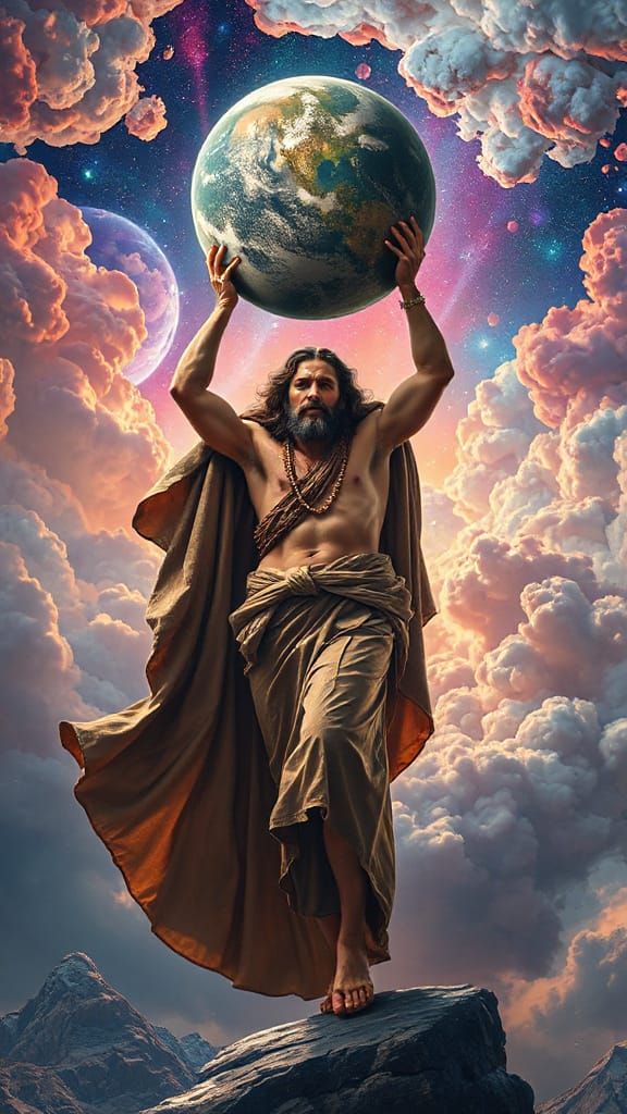 Earthy God Atlas Holding Earth in Space
