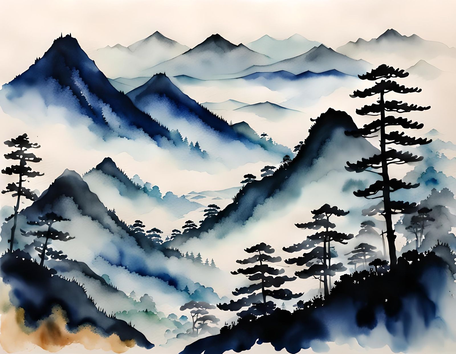 Japanese Misty Mountain Watercolor Landscape