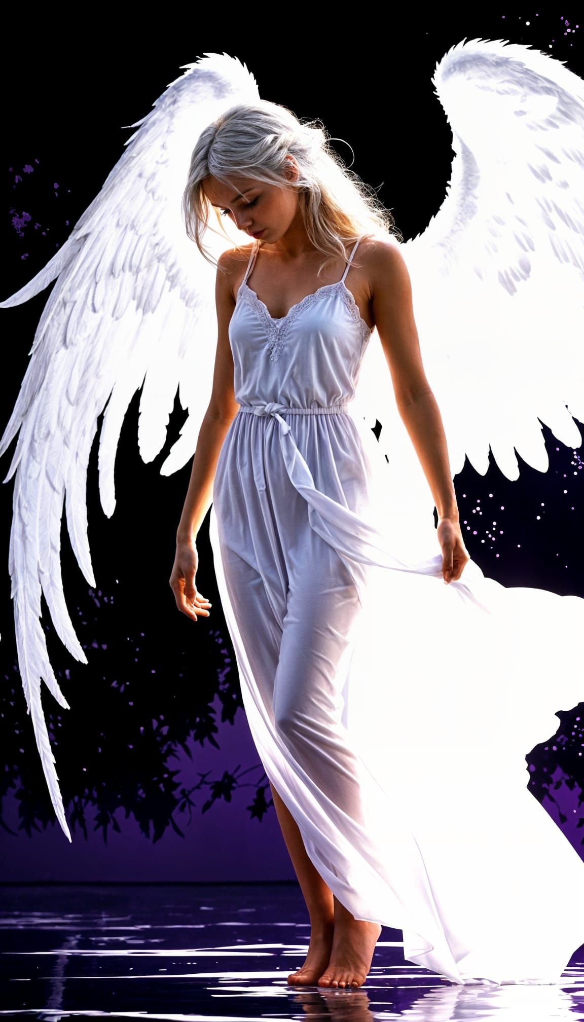 Silhouette of a Sad Angel on Purple Background