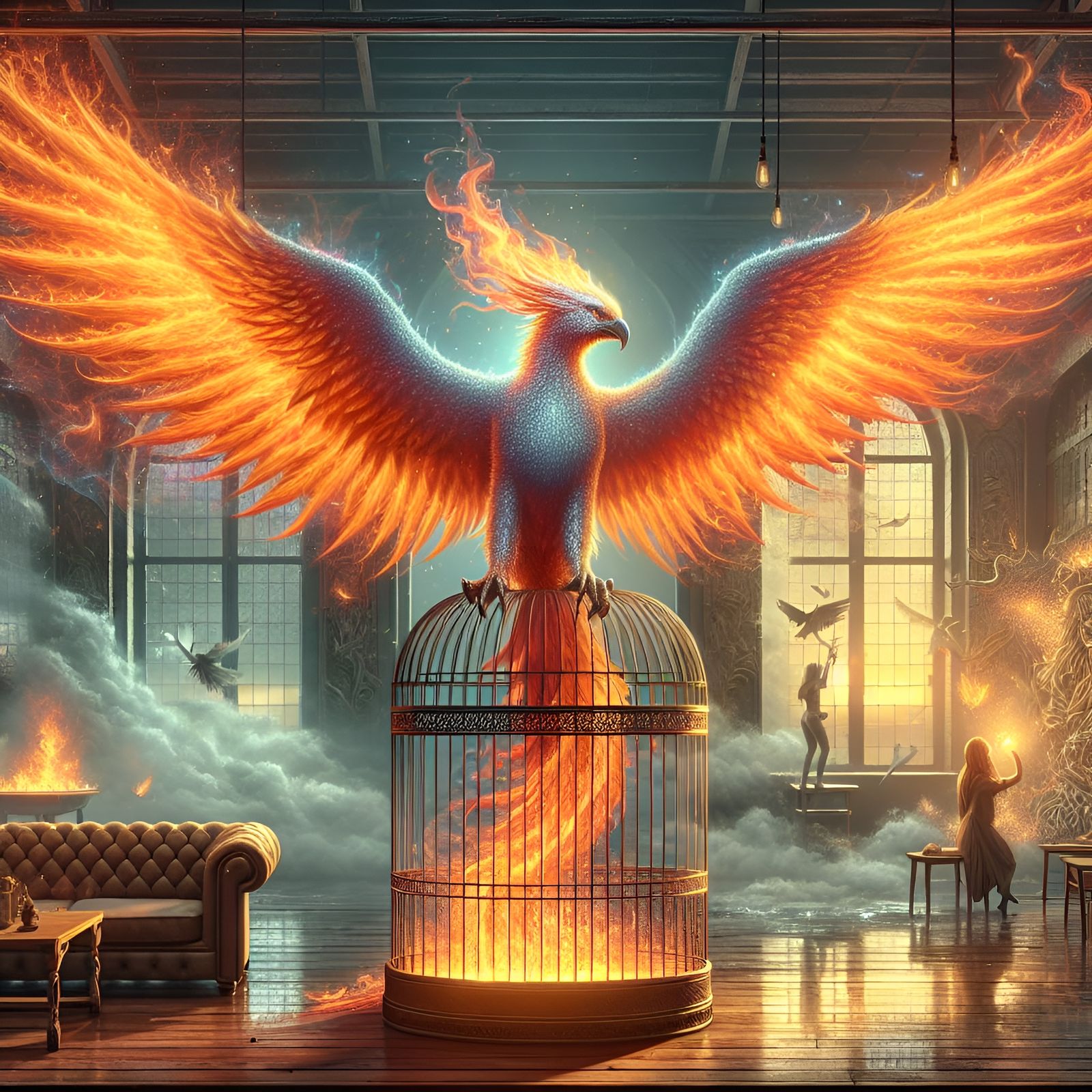 Flaming Phoenix in Cage: Digital Illustration