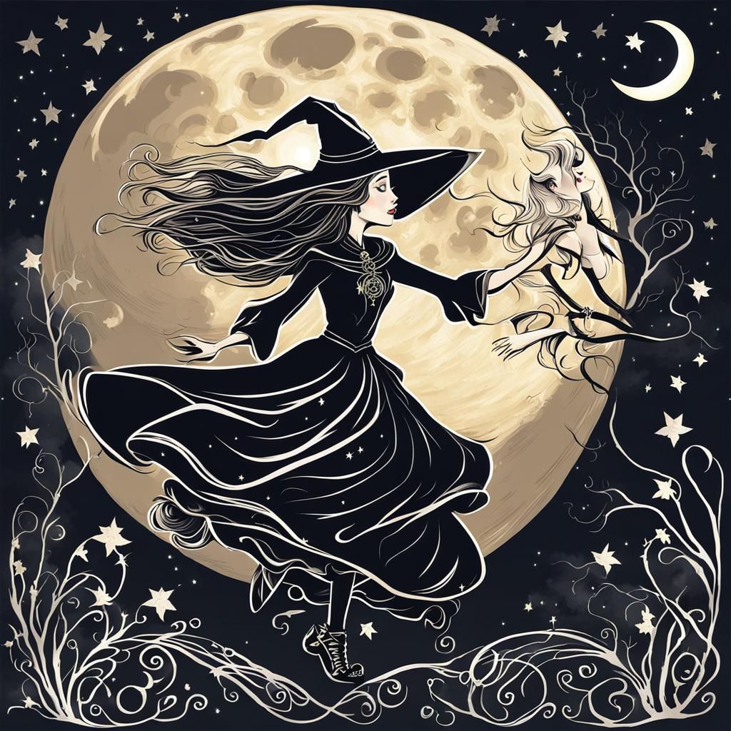 Enchanting Witch Dance Under Full Moon Drawing