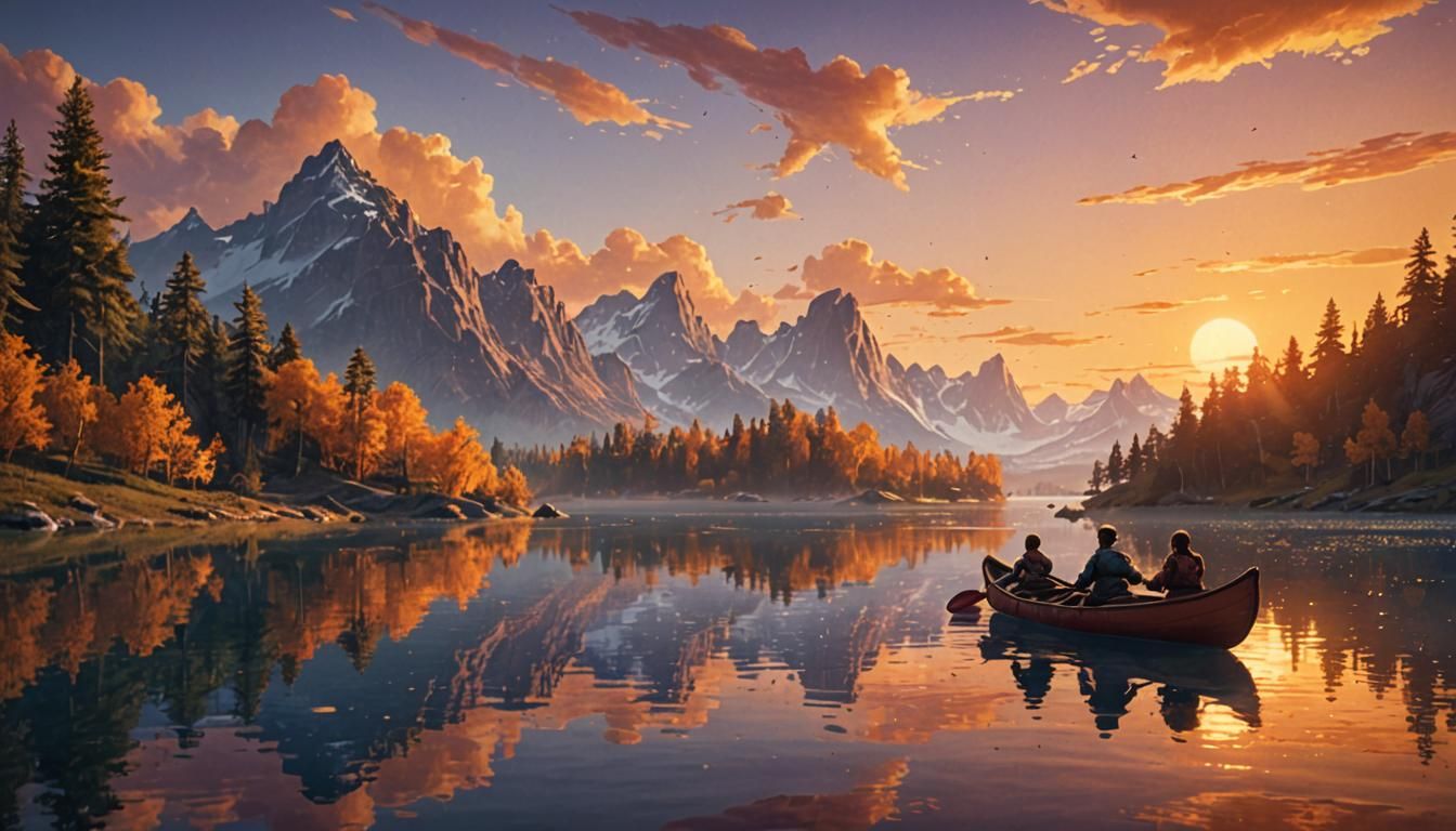Family Canoe Trip on Shimmering Sunset Lake