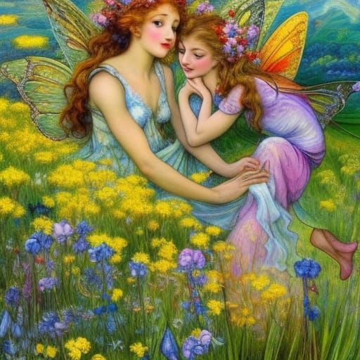 Flower Fairies in Meadow: Art Nouveau Rococo Style