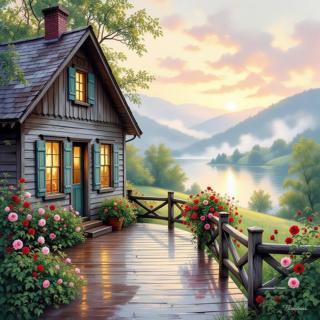 Serene Farmhouse at Dawn in Watercolor Style