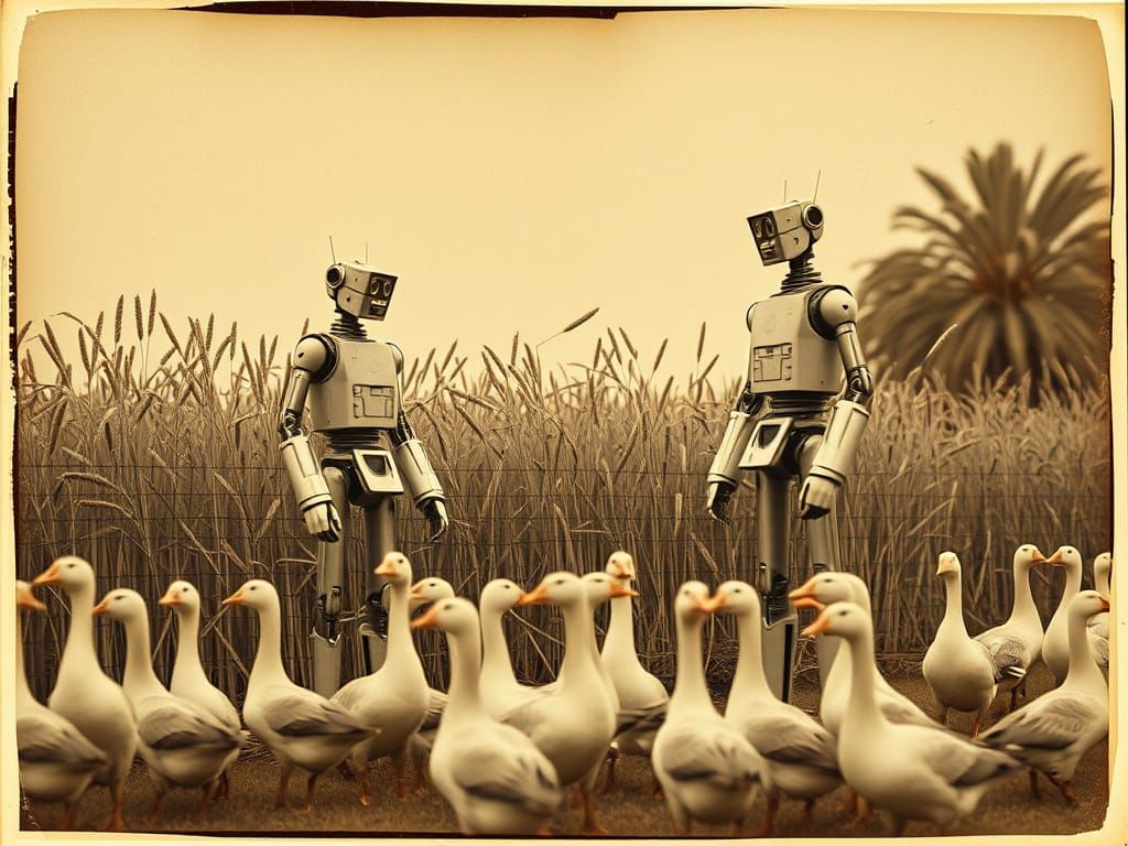 Vintage Folkloric Robots by a Reed Fence in Sepia