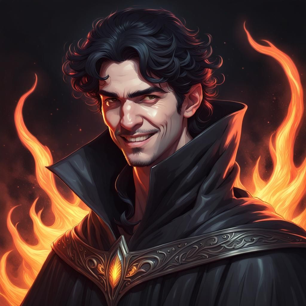 Sinister Lord of Lies Portrait in Cosmic Flames